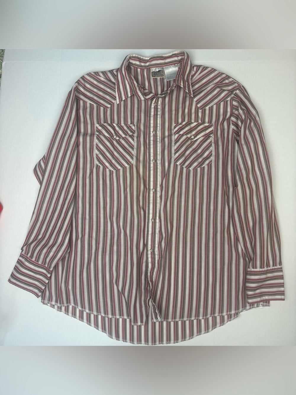 Vintage Express Rider Men XL Shirt Cowboy Pearl Snaps Stripe Red Brown White